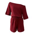 thumbnail image 4 of IROINNID Jumpsuit Shorts for Women Spring And Summer Solid Color One Shoulder Loose Fitting One-piece Shorts,Burgundy, 4 of 8