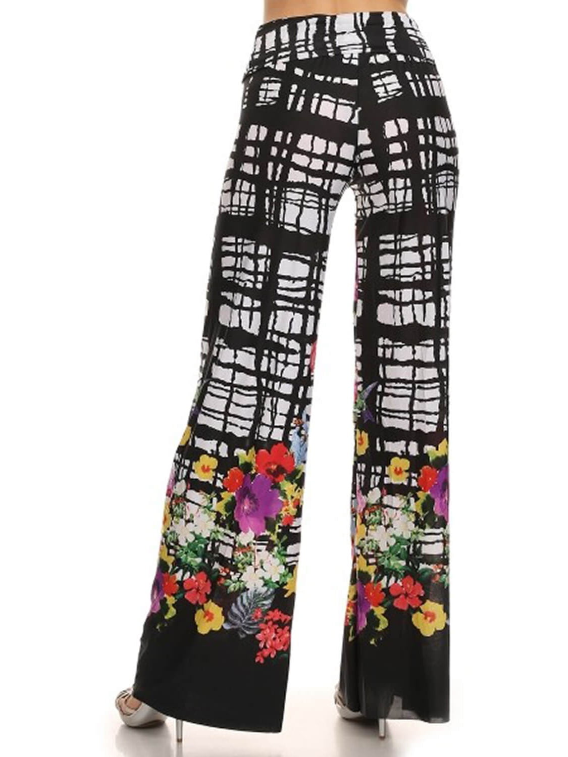 Black and White Damask Print Palazzo Pants with Fold-Over Waist, Small