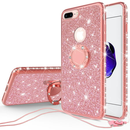 SOGA Apple Compatible case, model iPhone 8 Plus Case, iPhone 7 Plus Case, Cute Girl/Women Shinny Rhinestone Bumper Sparkling Glitter Bling Diamond Cover with Ring
