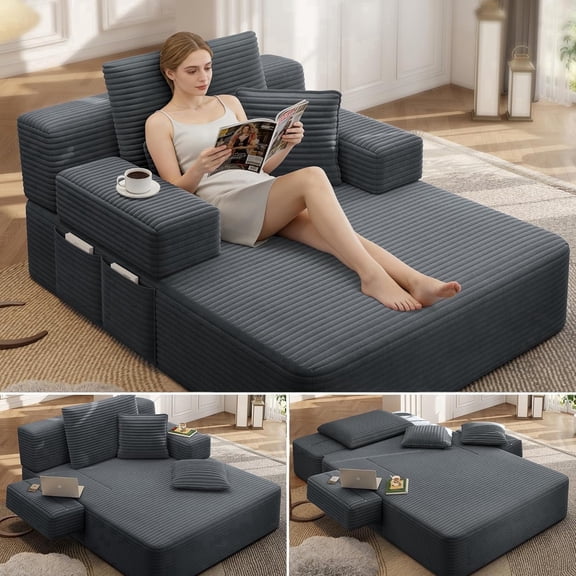 CARZZI LIFE Chaise Lounge Sofa Chair Indoor, Oversized Corduroy Upholstered Boneless Sofa Bed, Deep Seat Sleeper Couch Reading Chair for Living Room, No Assembly Required (Grey)