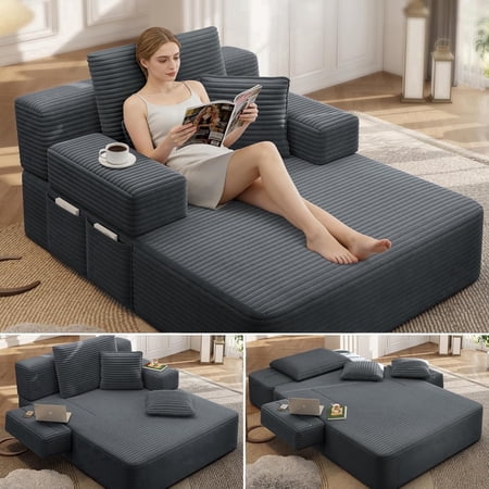 CARZZI LIFE Chaise Lounge Sofa Chair Indoor, Oversized Corduroy Upholstered Boneless Sofa Bed, Deep Seat Sleeper Couch Reading Chair for Living Room, No Assembly Required (Grey)