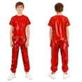 thumbnail image 3 of iiniim Girls Boys Hip Hop Jazz Dance Outfit Metallic Sparkly 2 Piece Short Sleeve T-Shirt and Shiny Pants Set Red 140, 3 of 7