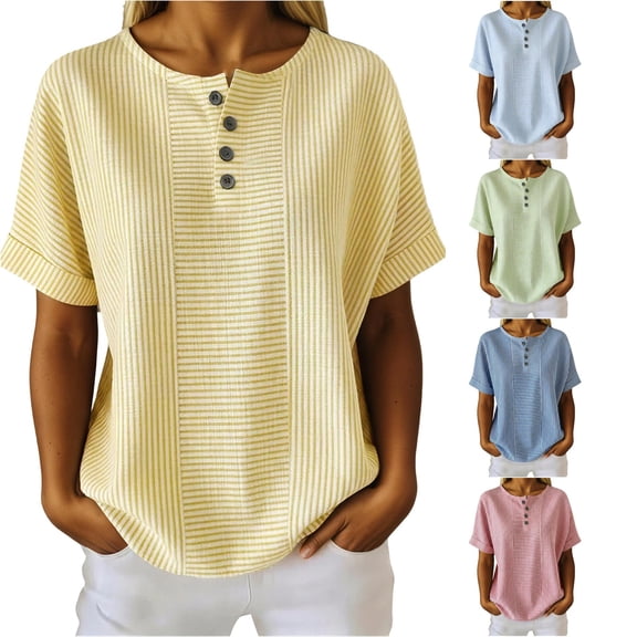 LIIPEE Womens Casual T Shirts Summer Henley Neck Short Sleeve Solid Color T Shirt Ladies Comfortable Everyday Basic Tees,M