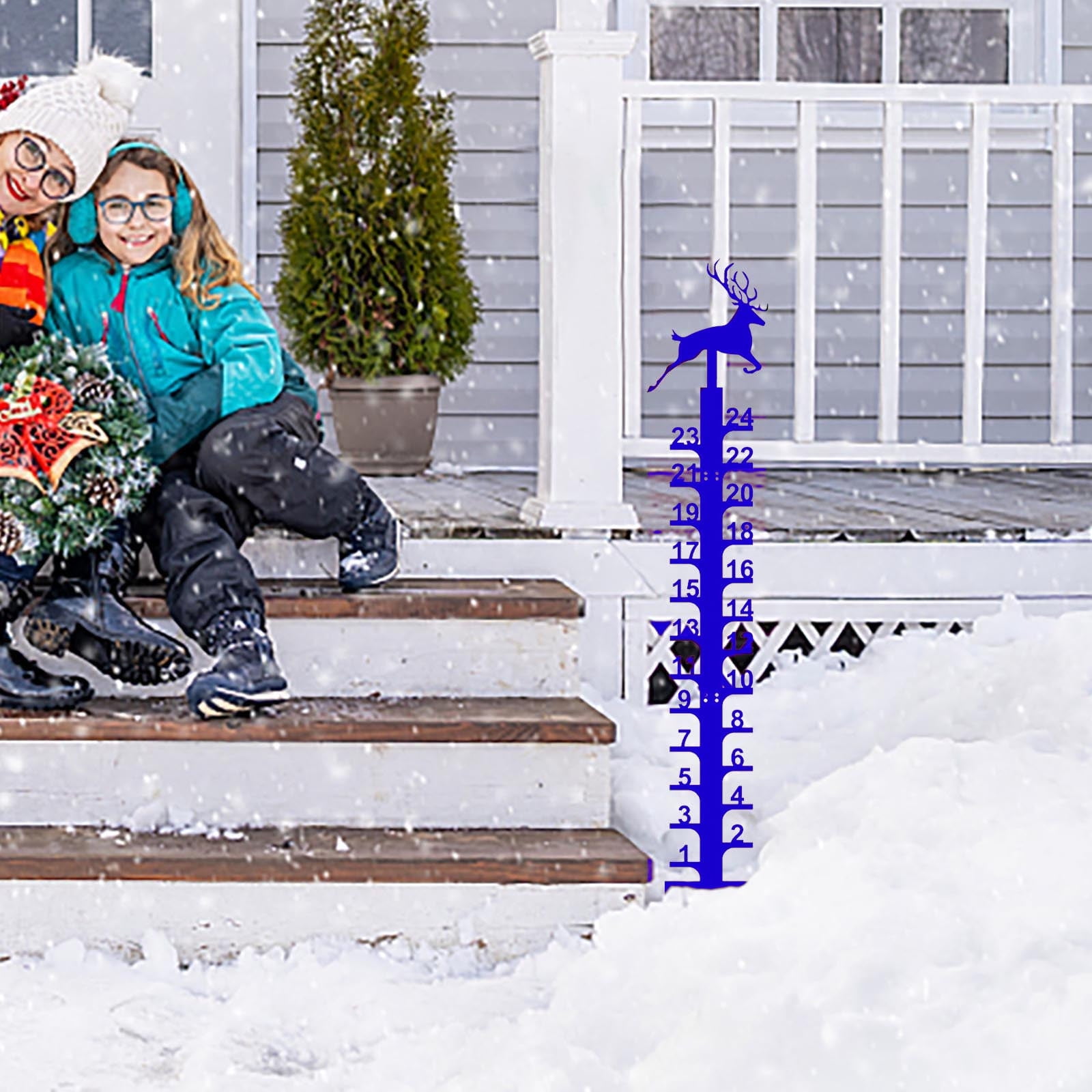 Forged Iron Deer Snowflake Ruler, Christmas Holiday Outdoor Rain and Snow Gauge, 24 Inch Decorative Metal Measuring Stake for Winter Yard and Garden