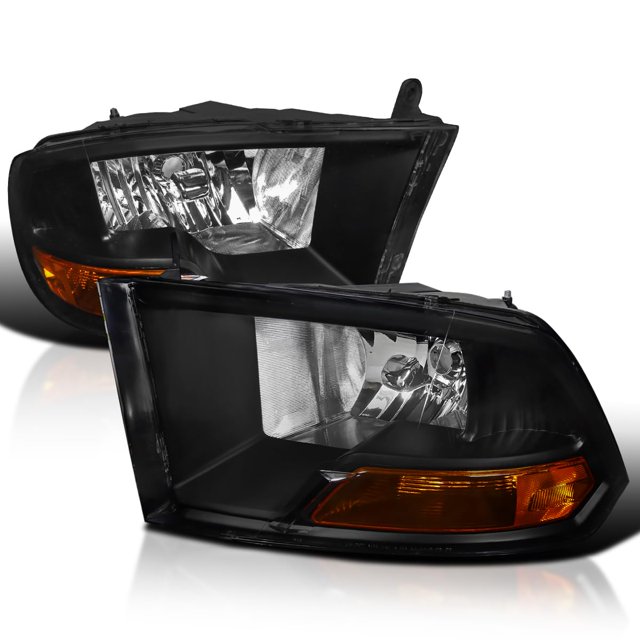 Spec-D Tuning Black Headlights compatible with 2009-2018 Dodge RAM 1500, 2500, and 3500, shown as a left and right pair. The headlight assembly features a black housing, clear lenses, and amber turn signal sections, ideal for replacement or upgrade.