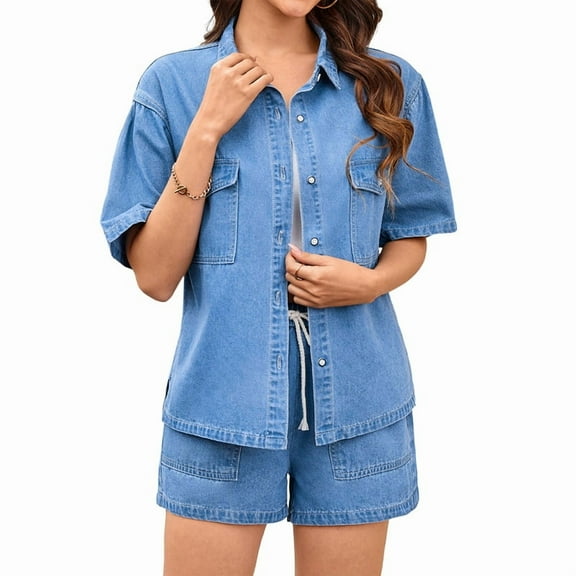 Summer Denim Set for Women 2 Piece Casual Short Sleeve Boxy Shirt Tops and Shorts Pants Lounge Sets Outfits Light Blue L