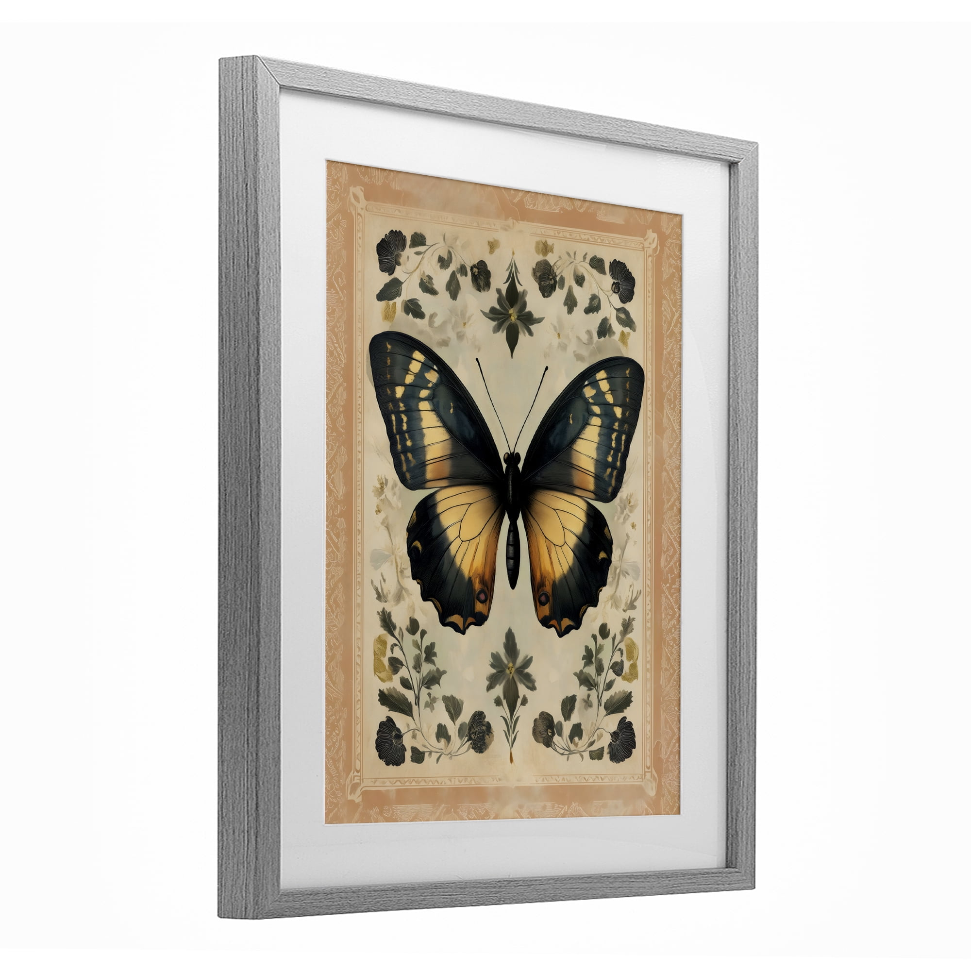 Stupell Industries Vintage Butterfly Botanical Illustration Gray Framed Print Under Glass, design by Arlington Prints
