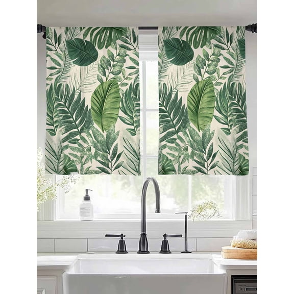 Tropical Leaves Sheer Curtains for Living Room Bedroom Vintage Country Summer Green Leaf Plant Sheer Curtains 54 Inch Long 2 Panels Set Light Filtering Curtain Window Treatments Drapes