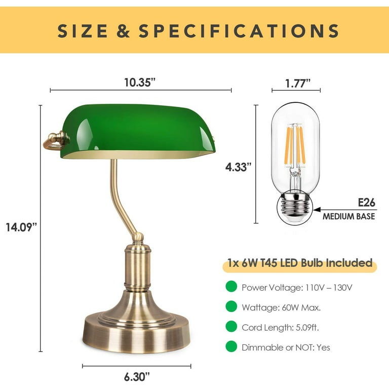 Bankers Lamp with 2 USB Ports, Touch Control Green Glass Desk Lamp with  Brass Base, 3-Way Dimmable Vintage Desk Lamp for Home Office Workplace  Nightstand Bedroom Library Piano, LED Bulb Included 