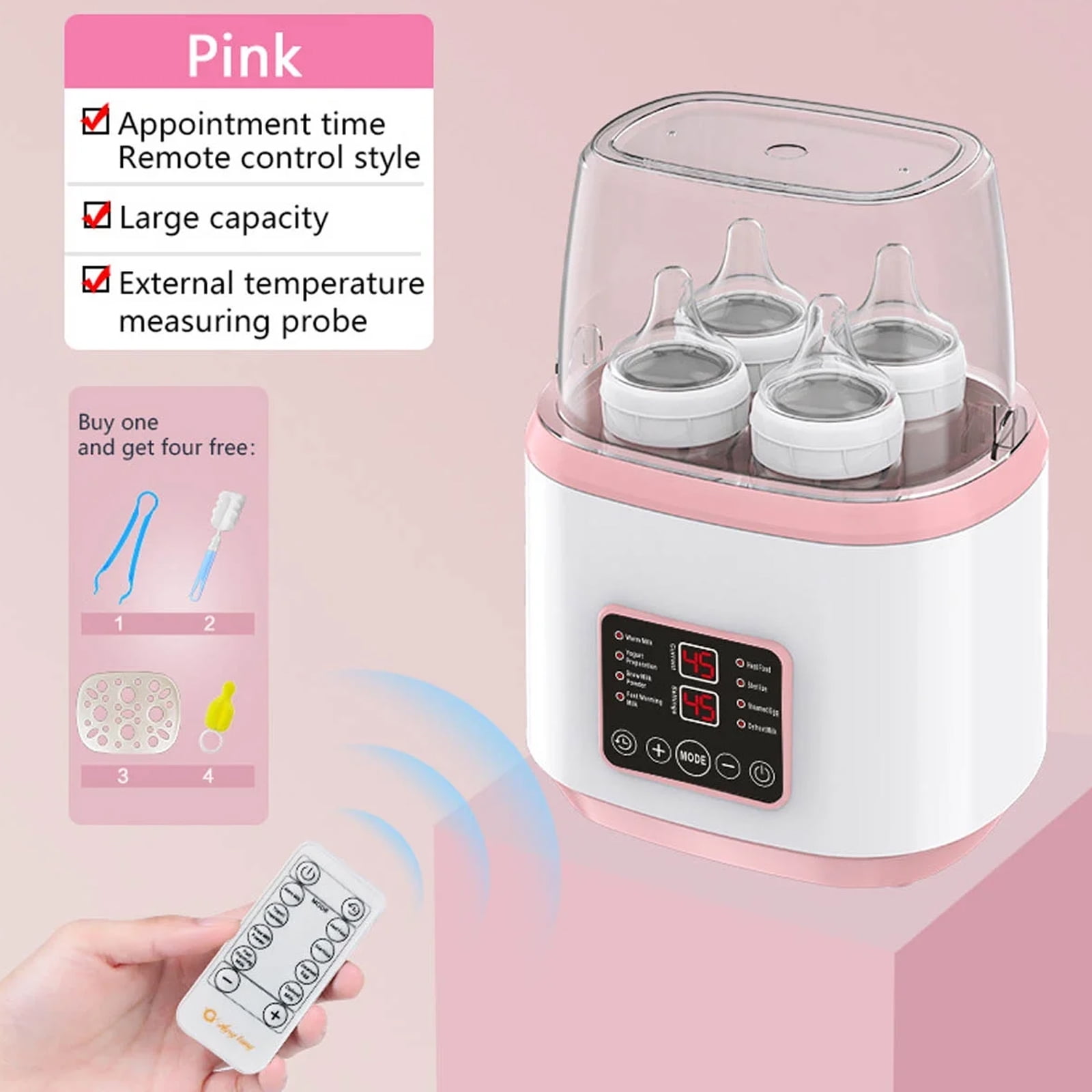 Baby Bottle Warmer and Sterilizer, 8-in-1 Multifuntion Breast Milk Warmer, Fast Baby Food Heater for Twins, LCD Display Accurate Temperature Adjustment, 24H Constant Mode with Remote, Pink
