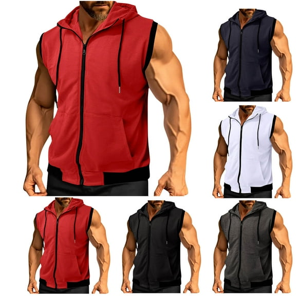 RYDCOT Men's Sleeveless Hoodie Casual Zip up Drawstring Tank Top Hooded Vests with Pocket White