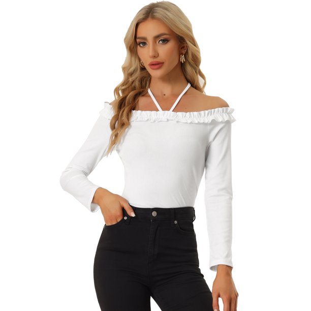 Camiseta de manga larga para mujer Allegra K con cuello halter y