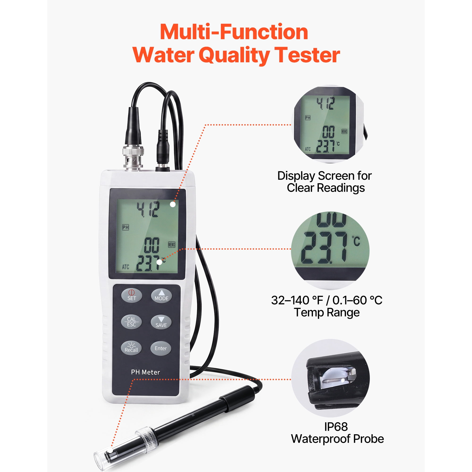 KFFKFF Portable pH Meter with 0-14 pH Range, Waterproof IP68 Probe, 3-Point Auto Calibration, Tester Kit Including Calibration Powder, Temperature Probe, and Carrying Case for Water Quality