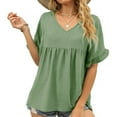 thumbnail image 2 of USSUMA Womens Summer Tops Ruffle Flowy Peplum T-Shirts for Women Trendy Solid Color Womens Blouses and Tops Dressy Short Sleeve V Neck Tunic Plus Size Shirts for Women, 2 of 8