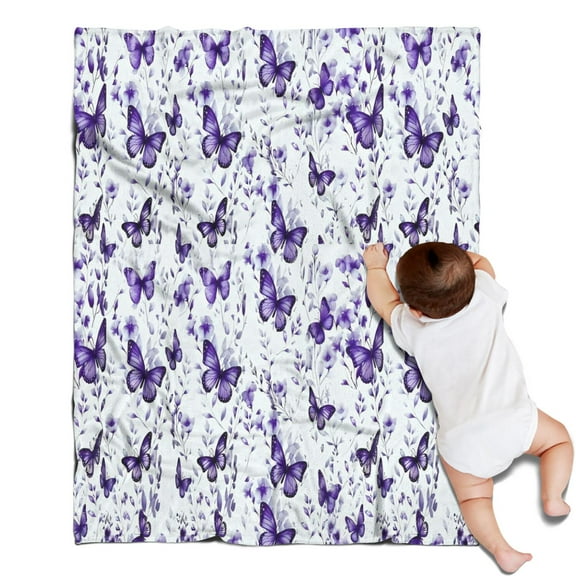 White Purple Butterfly Plant Pattern Blanket,Comfortable Soft Flannel Throw Blanket,All Season,Warm Lightweight Blankets for Sofa Bed Couch Living Room Chair,30"x40"