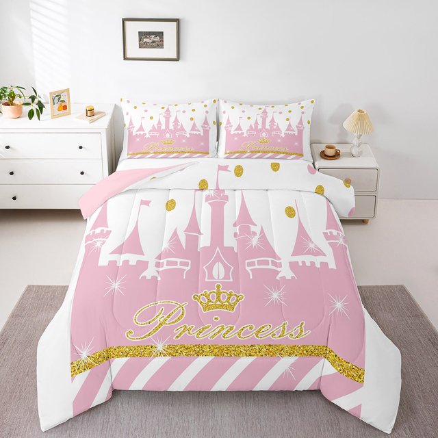 Erosebridal Ensembles de Couette Château Rose Format Double pour Filles, Couettes et Duvets à Imprimé Princesse, Réversible 3 Pcs