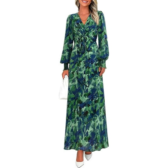 PRETTYGARDEN Women's Fall Boho Maxi Dress Floral Long Sleeve V Neck Flowy Belted Elegant Holiday Party Dresses