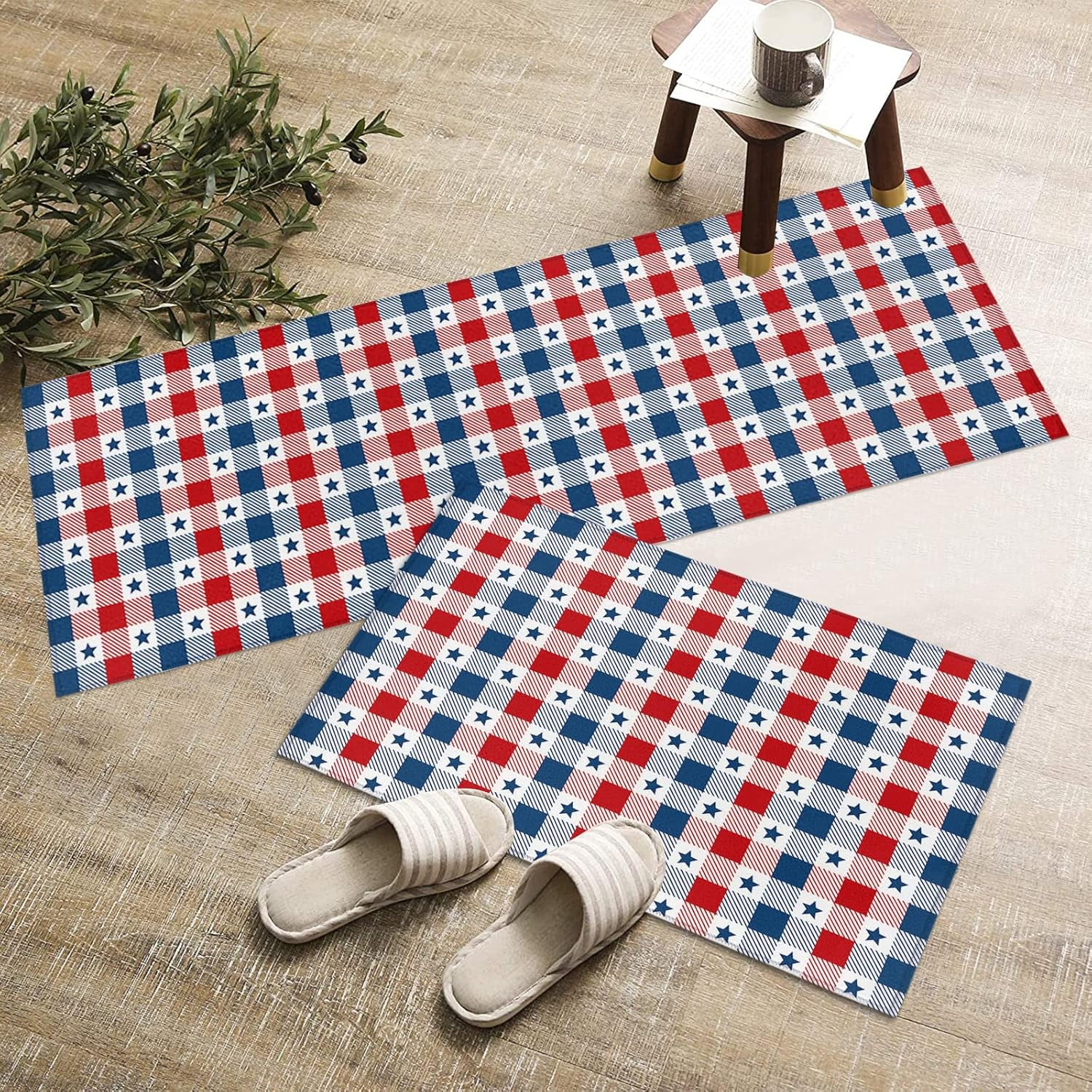 Independence Day Kitchen Rugs and Mats Set of 2, Patriotic Flag Non-Slip Floor Doormat Comfort Area Runner Rug and Mat, Blue Star on Red Blue Checkered Indoor Entrance Carpet Home Decor