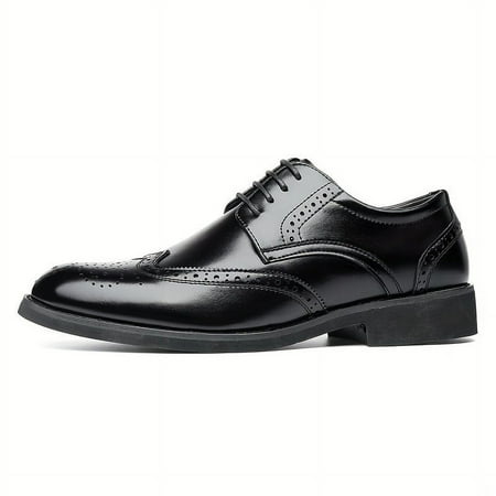 

SHZHRUKUNSHM Elegant Black Brogue Wingtip Derby Shoes Stylish Lace-up Front Dress Shoes for Business Formal Wedding and Black Tie Optional Events
