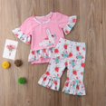 thumbnail image 3 of 2PCS Toddler Baby Girls Easter Outfits Short Sleeve Rabbit Print  Bunny Tshirt Top+Ruffle Floral Pants Set, 3 of 7