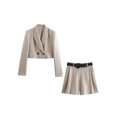 thumbnail image 2 of Blazer elegante de manga larga para oficina para mujer con solapa retro y un solo botón HH TRAF + pantalones cortos con bolsillos decorados con cinturón de color sólido para mujer, 2 of 5