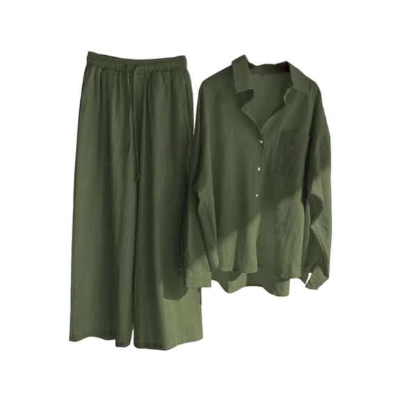 Women'S 2 Pieces Cotton Linen Loungewear Button Down Shirt and Wide-Leg Pants Set Green M