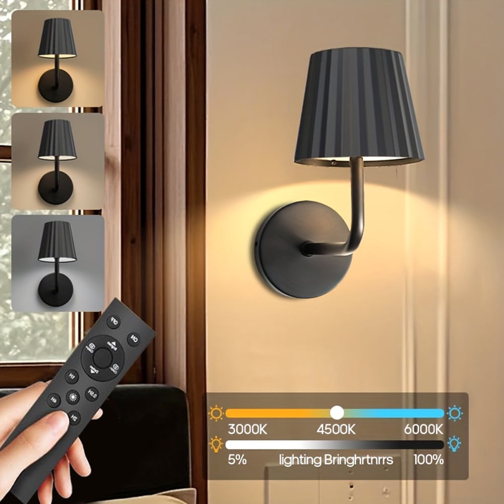 Jercoda 2 Pack Wireless Wall Sconces with Remote Control, 2000mAh Rechargeable Arm Wall Lights with Touch Control, Black Metal Wall Lamps for Bedroom Living Room, Set of 2