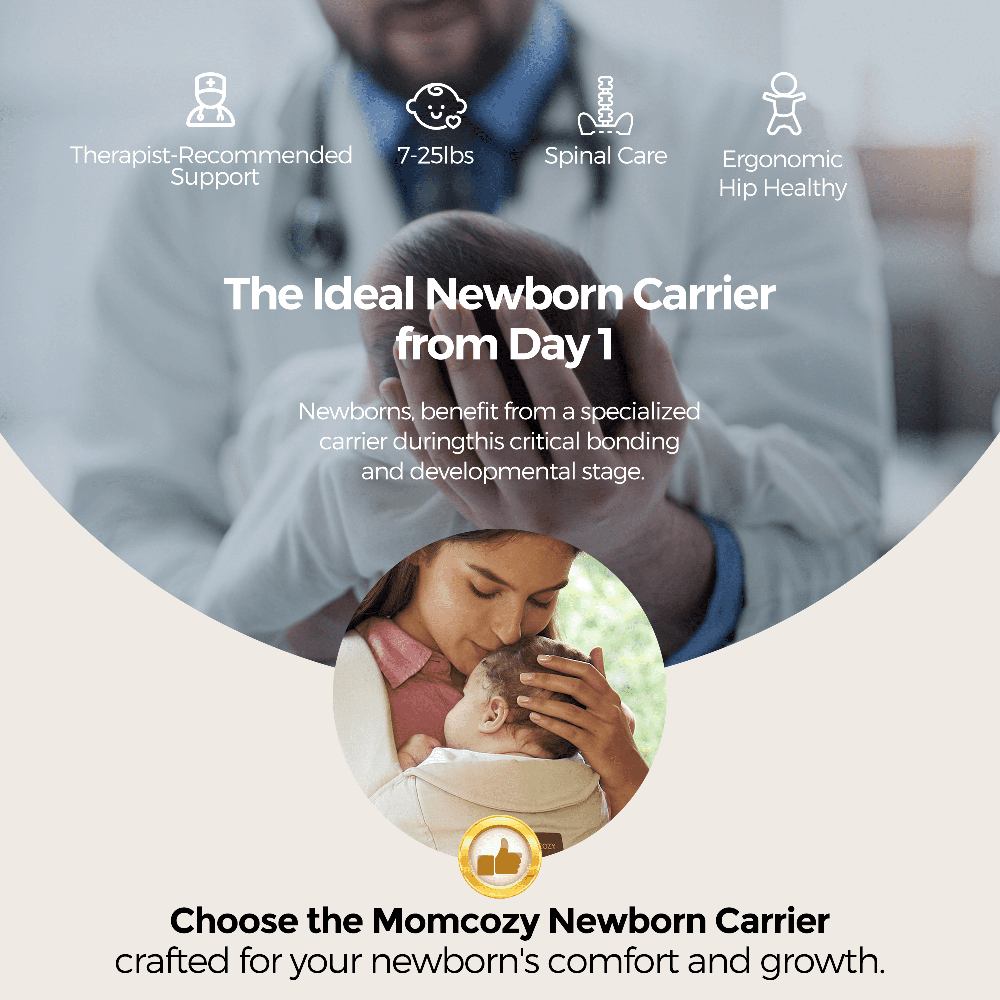 Momcozy Newborn Carrier WeeSnug- Lightweight and Cozy Comfort for 7-25 lbs, Ergonomic Cross-Back Support, Effortless to Put On, Hands-Free Baby Carrier with Lumbar Support, Khaki
