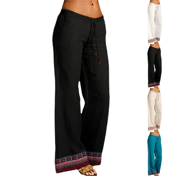 Delayuji Womens Linen Pant Bohemia Staly Wide Leg Pants Summer Palazzo Pants Loose Elastic Waist Casual Pants