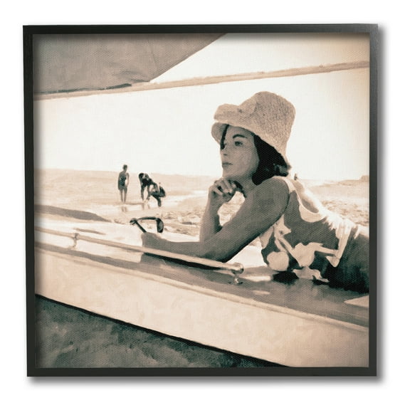 Stupell Industries Vintage Woman Sunbathing Landscape Painting Black Framed Art Print Wall Art, 12 x 12