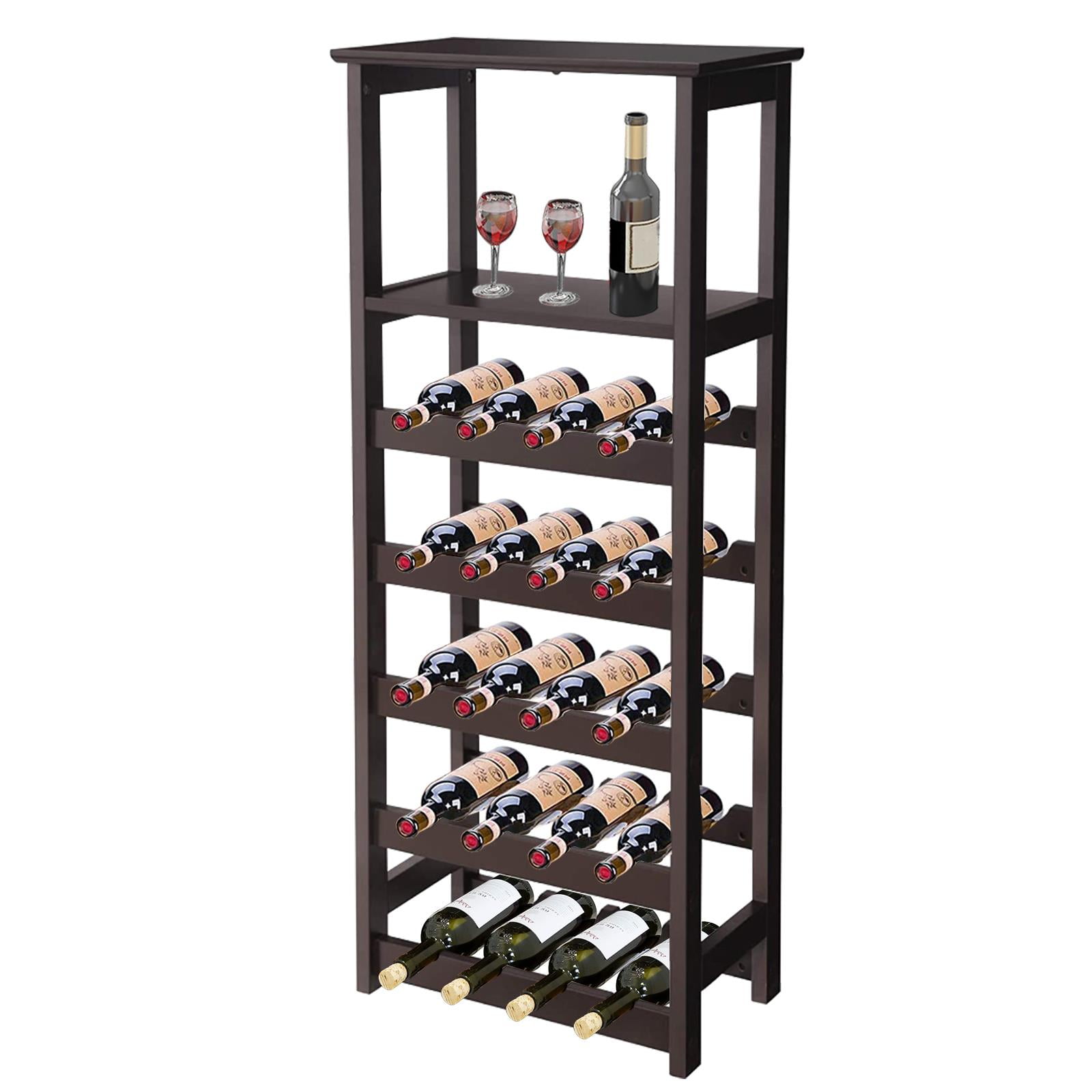 None Black Metal Finish and Vintage Brown Top with 15 Bottle Holder Wine Organizer Rack with Shelf Kitchen and Wine Glass Holder