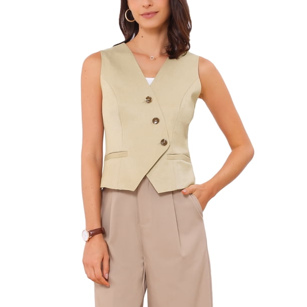 INSPIRAR CHIC Vestido de Oficina para Mujeres con Cuello en V, Botones, Sin Mangas, Chaleco Corto L Caqui