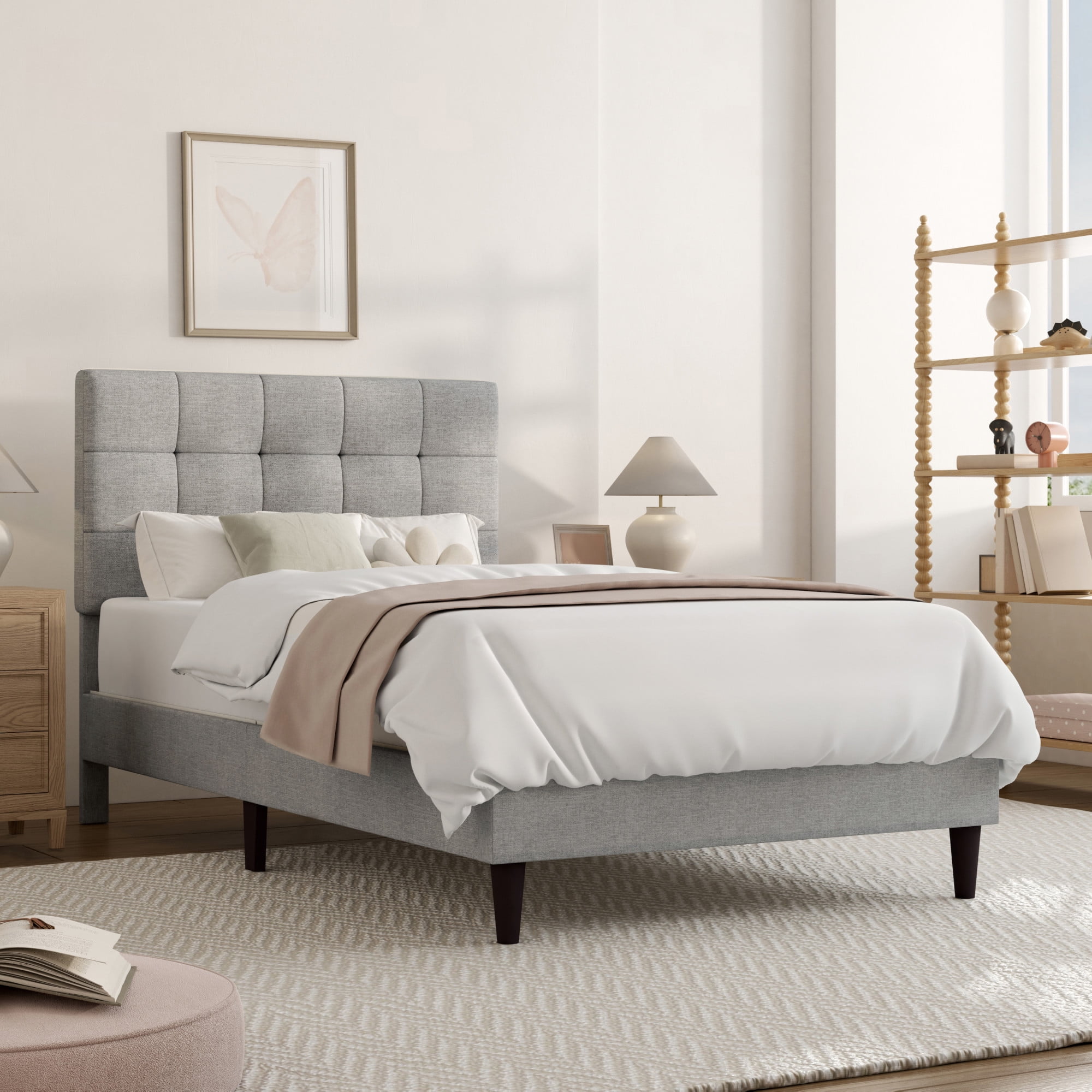 Mainstays Hillside Square Tufted Upholstered Twin Platform Bed, Light Gray Fabric