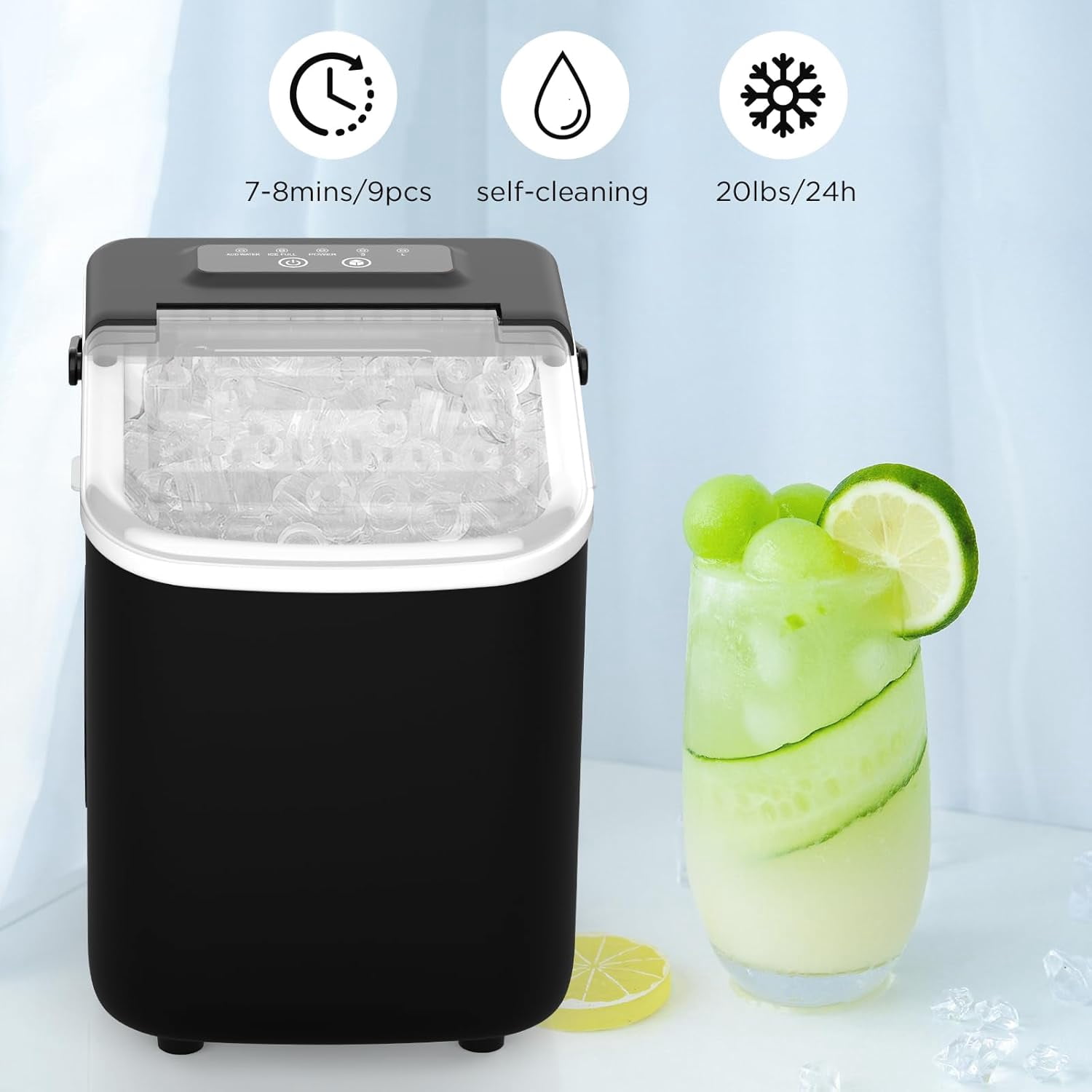 Portable Ice Maker Machine, 14 lbs per Day, Self-Cleaning, 7-8 Minutes Quick Ice Making, Black