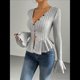 thumbnail image 5 of Camiseta Elegante de Larga con Cuello en V para Mujer, Otoño e Invierno, con Volantes, Corte Entallado y Mangas Acampanadas Gris XL, 5 of 9