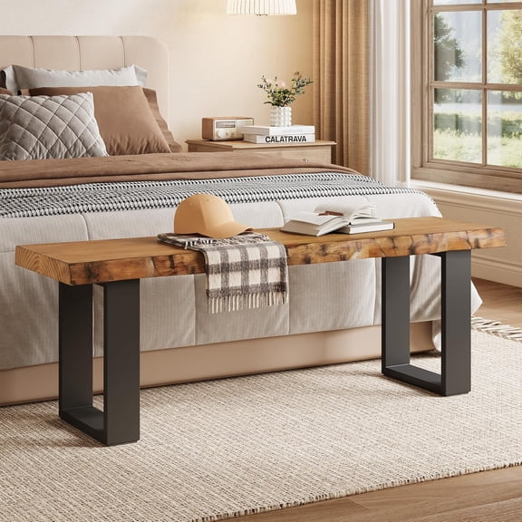 Tribesigns Industrial Solid Wood Entryway Shoe Bench, 47-Inch Narrow Long Bedroom Bench with Metal Legs, Wooden Dining Bench for Dining Living Room, Small Space, Easy Assembly