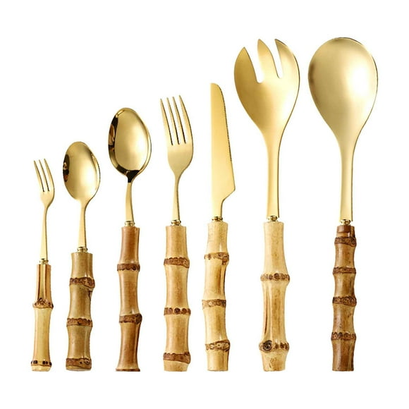 EGNMCR Placemats Table Placemats Natural Bamboos Handle Stainless Steel Tableware Dessert Salad Spoon Fork Bamboos Handle Steak Knife Fork Spoon Tea Spoon tableware tableware