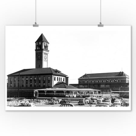 Great Northern Depot - Spokane, Washington - Exterior View of Great Northern and Union Depots (9x12 Art Print, Wall Decor Travel Poster)