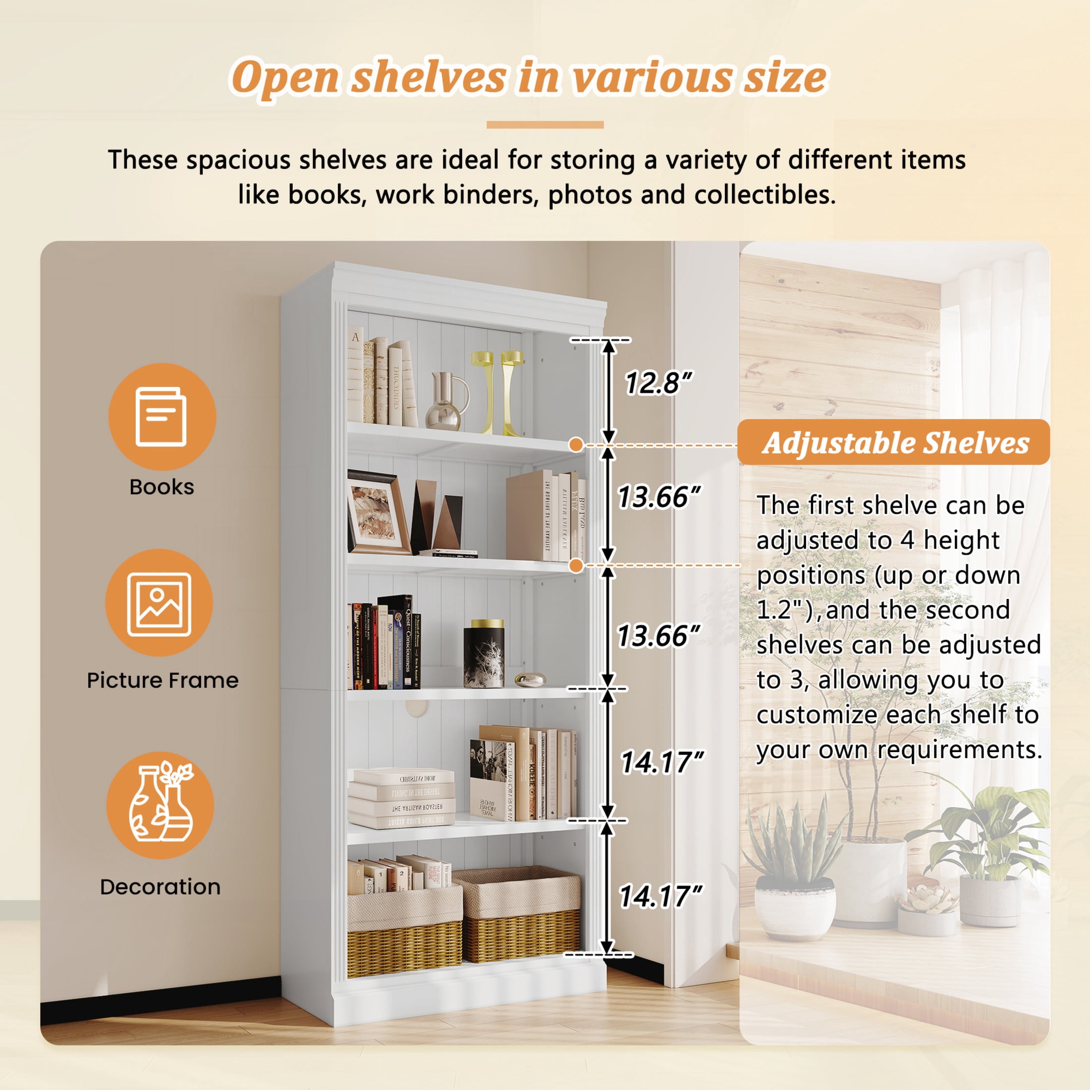 GDF Studio Halden 83.4" 5-Tier Bookcase with Adjustable Shelves & Cable Hole, Storage Bookshelf for Home Office, White, Set of 2