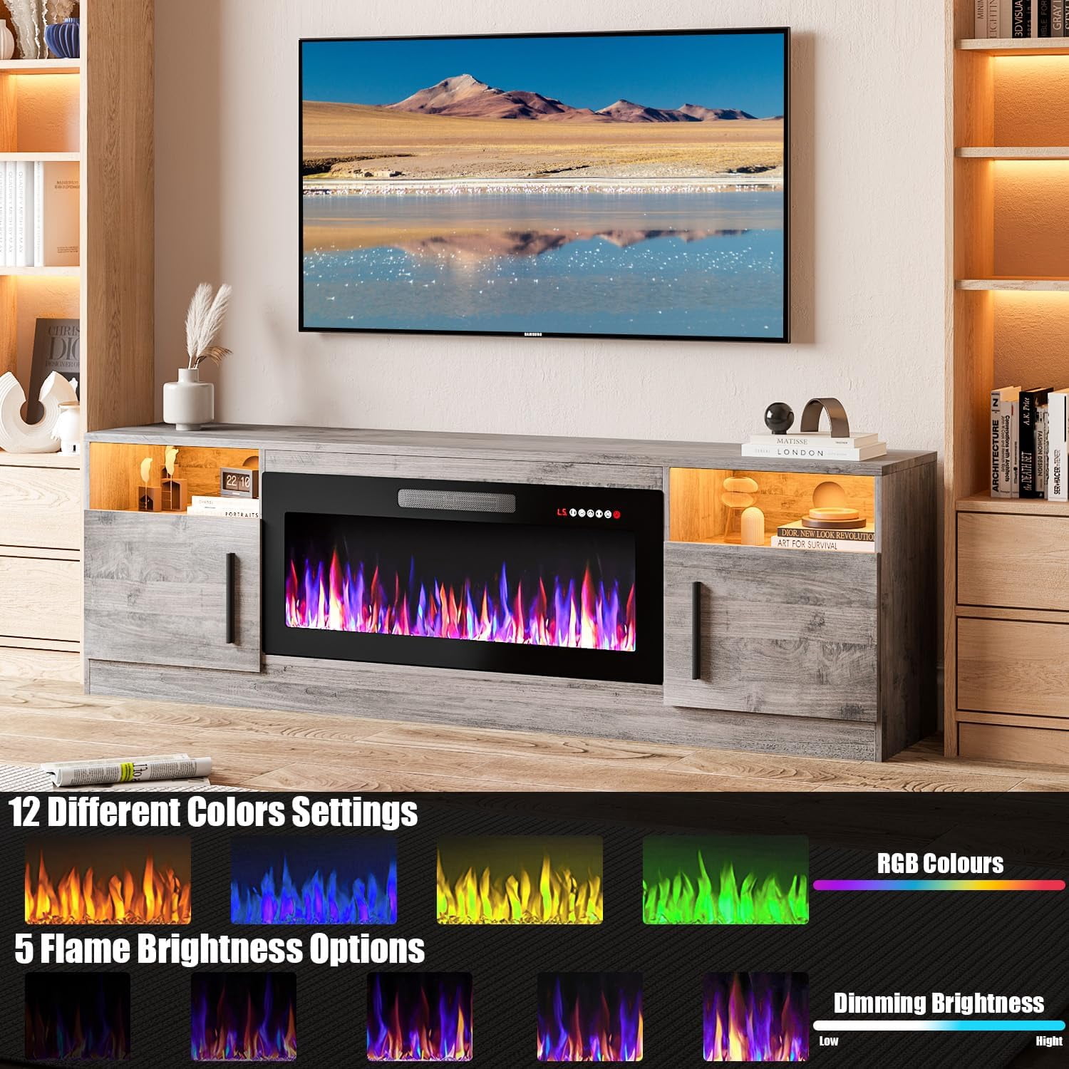 TV Stand with 36" inch Electric Fireplace Up to 80" TVs, LED Light Entertainment Center, 70" Modern Wood High Gloss Fireplace with Highlight Storage Cabinet for Living Room (Grey)