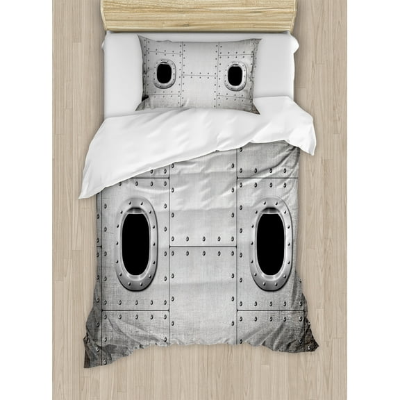 Vintage Airplane Duvet Cover Set, Airplane Windows Close up Image Detailed Steampunk Style Illustration, Decorative 2 Piece Bedding Set with 1 Pillow Shams, Twin Size, Grey Black, by Ambesonne