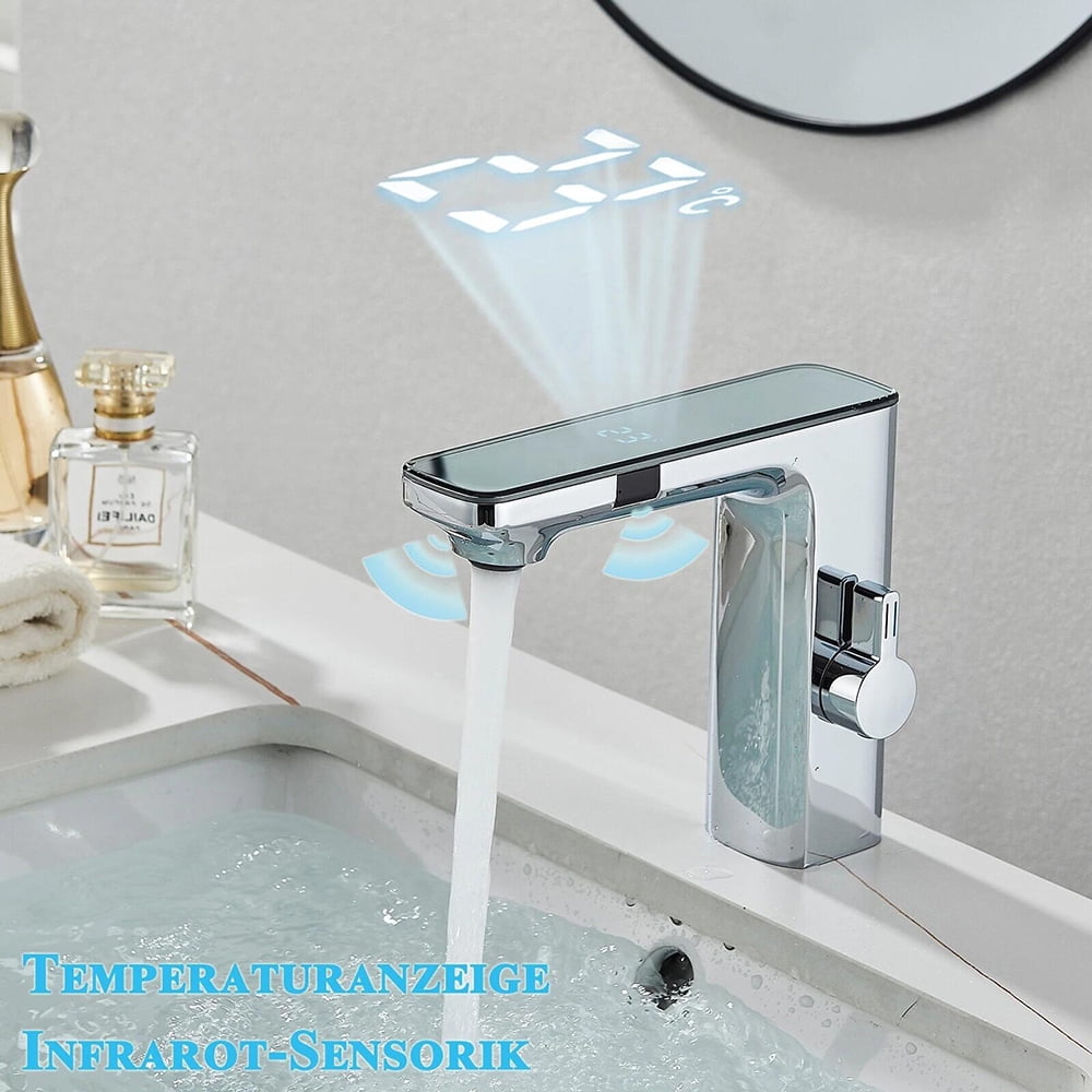 Chrome Bathroom Sink Faucet Smart Sensor 1 Hole LED Temp Display Lavatory Vanity Mixer Taps Touchless Bathroom Faucet