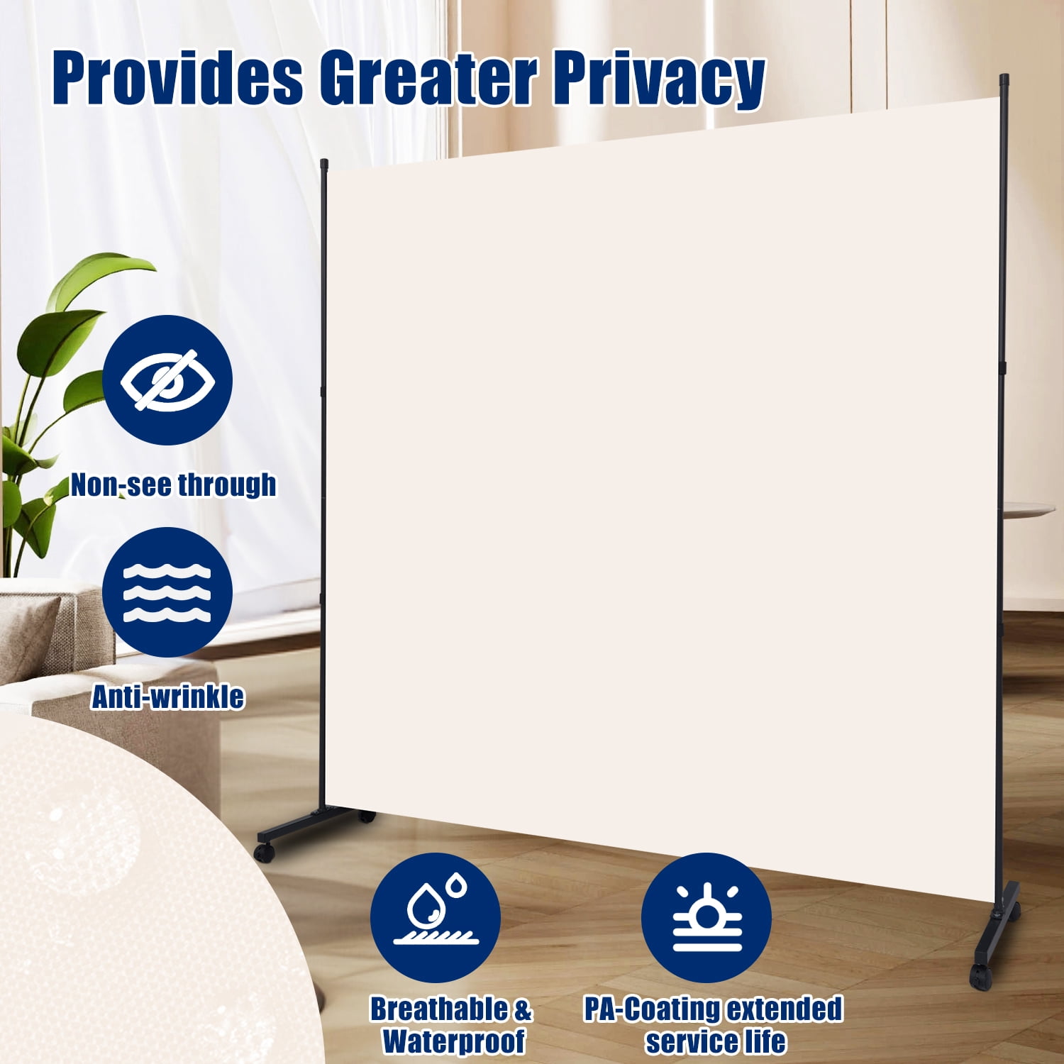 Room Divider Single Fabric Panel Privacy Screen W/Wheel, 71''X 72''Wide Portable Wall Divider for Room Separation, Upgrade Room Divider Screen 6 FT Partation Room Dividers for Home, Office, School