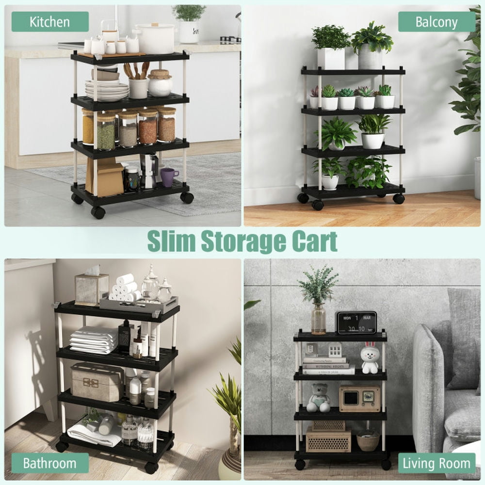 Finihen Rolling Cart, Kitchen Island Cart, 4-Tier Kitchen Slim Storage Cart with Lockable Wheels, for Kitchen, Dining Room, Black Finihen Rolling Cart, Kitchen Island Cart, 4-Tier Kitchen Slim Storage Cart with Lockable Wheels, for Kitchen, Dining Room, Black