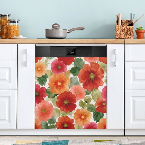 Dishwasher Sticker Dishwasher Cover Magnet Refrigerator Home Decorative Art Kitchen Panel Decal Red and Orange Flowers 23x26 Inch