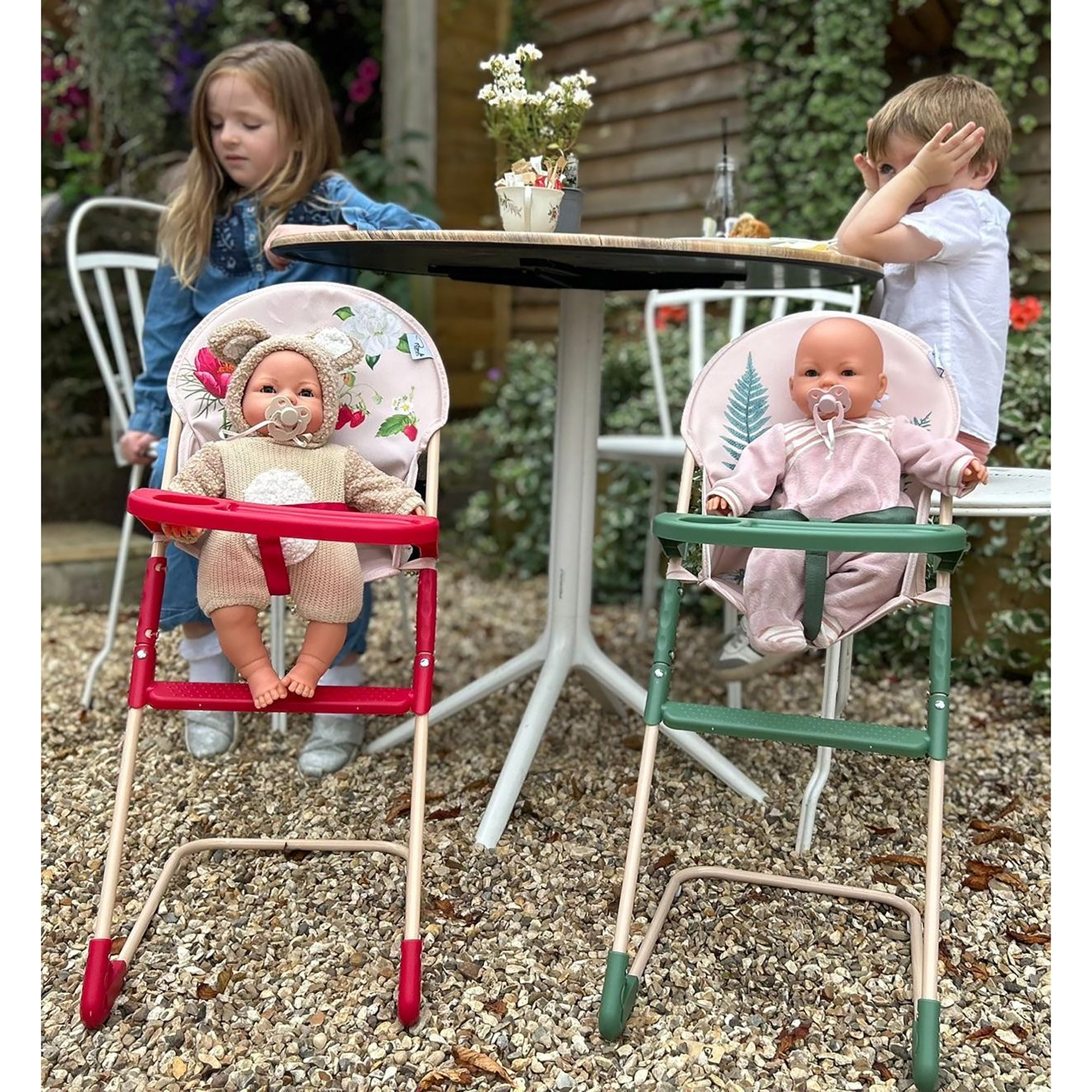 Roma Prams: RHS Doll Highchair - Fern - Cream & Green, Feeding Tray, Fabric Seat, Accessory For Dolls Up To 16.5", Easy Storage, Roleplay Toy Kids 3+