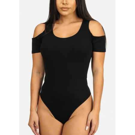 Solid Rib Knit Collar - Womens Juniors Casual Basic Cold Shoulder Short Sleeve Scoop Neck Solid Black Rib Knit Bodysuit 40970K