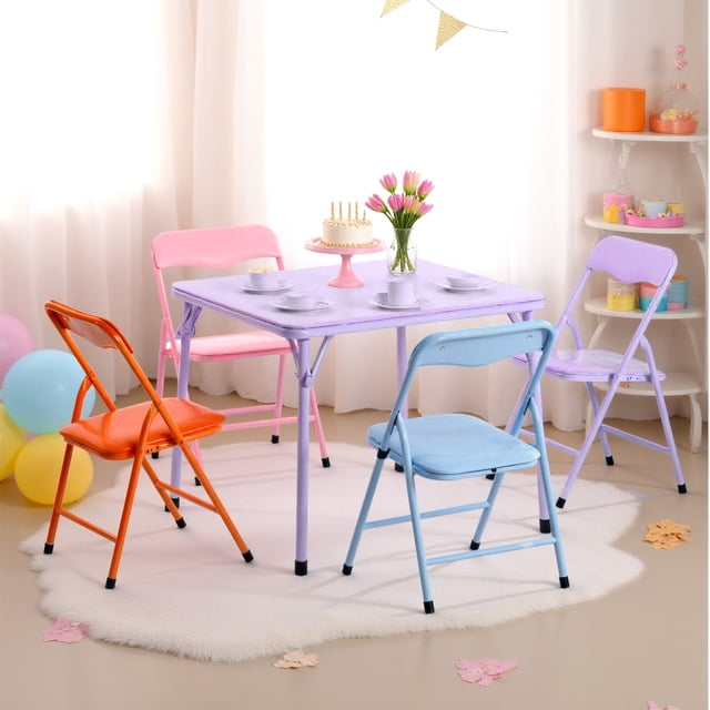 Homy Casa 5 Piece Foldable Kids Table and Chair Set in purple featuring a 24x24 inch foldable plastic table with four foldable chairs in pink, orange, blue, and lavender on a white rug in a bright playroom with balloons and a cake centerpiece, ideal for compact spaces and easy storage.