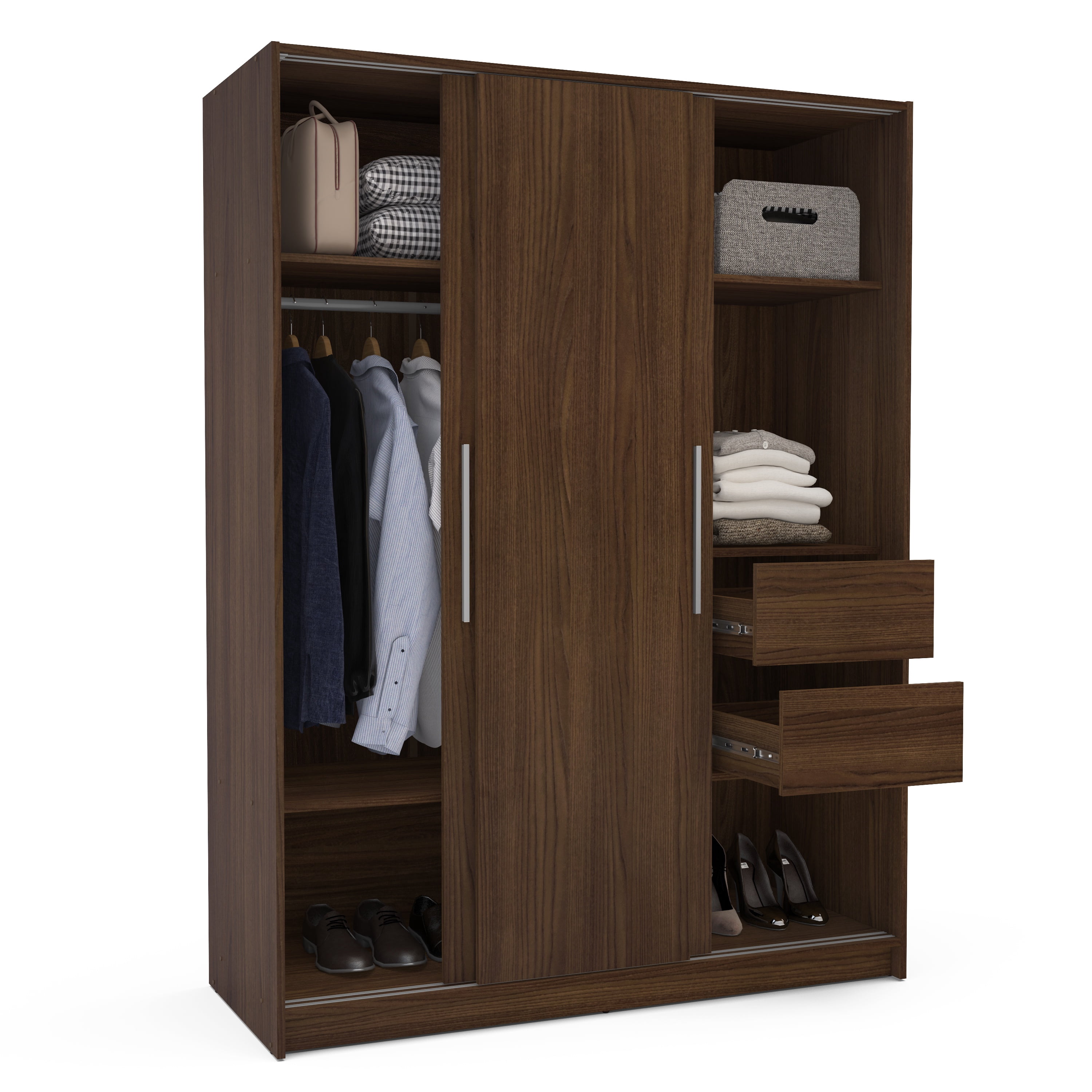 Polifurniture Denmark 71 in. Modern Bedroom Armoire with 3 Sliding Doors, 2 Drawers, Shelves & Hanging Rod, Walnut