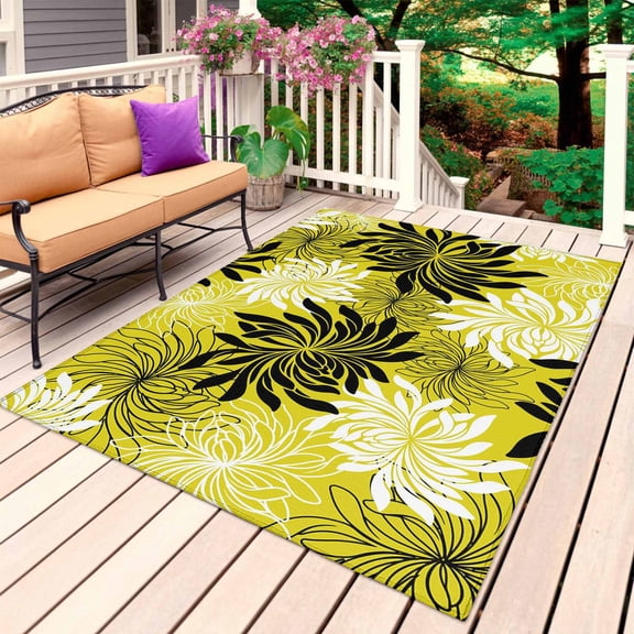 Yellow Black Flowers Outdoor Rug 4x6 Ft, Non Slip Washable Area Rug, Modern Abstract Blooms Floral Patio Rugs Carpet Runner, Large Floor Mat for Indoor/Outdoor Deck Porch Camping